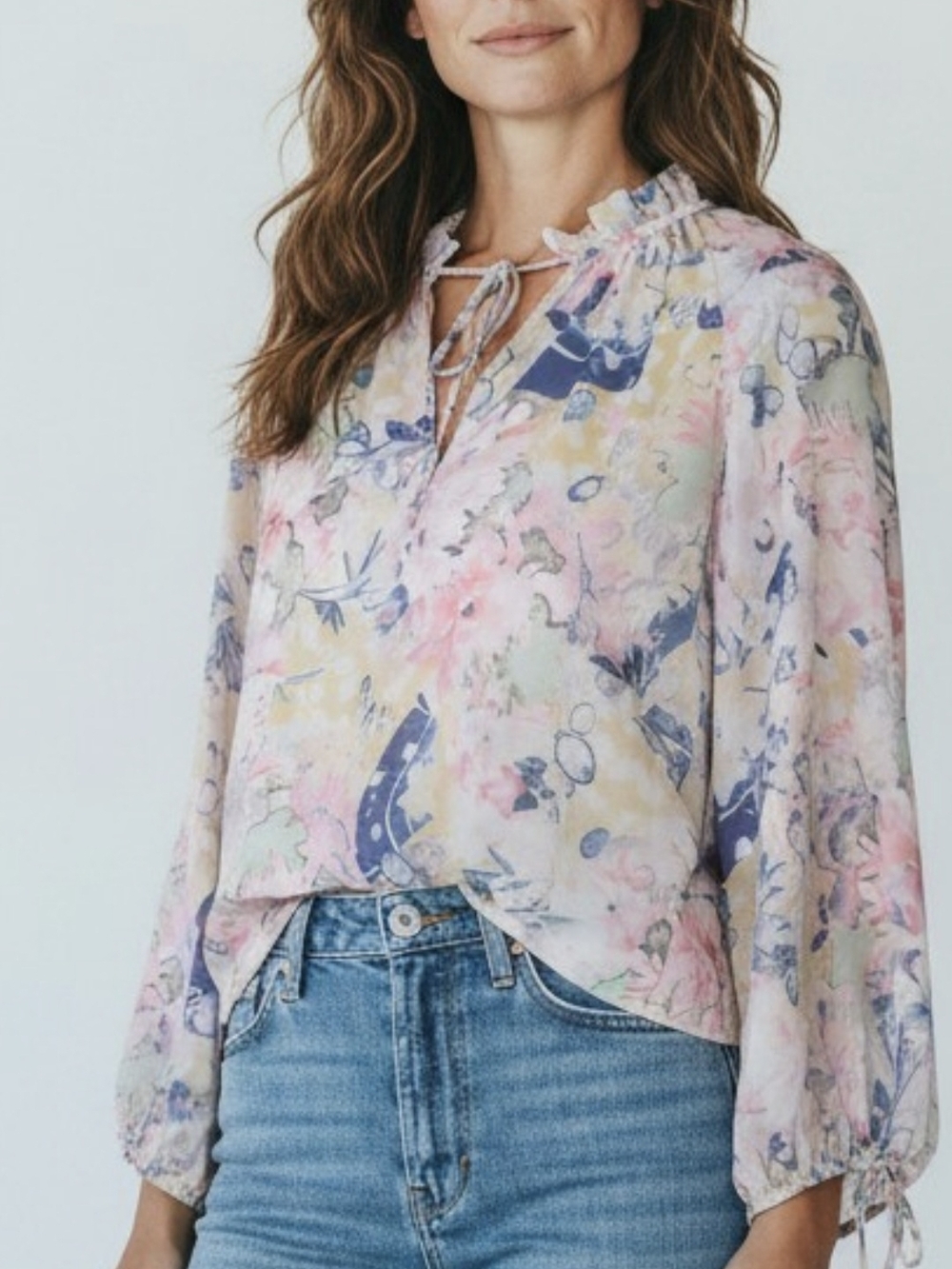 Elie Tahari Floral Boho Blouse Plus 1X Sheer Sleeve Artsy Cottagecore Office